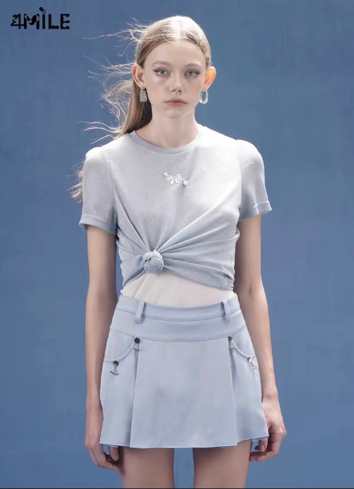 4MILE Spring/Summer New Design: Beaded Bow Tie with Sparkling Silver Thread Double-Layer Round Neck T-Shirt, Sweet Short Sleeve