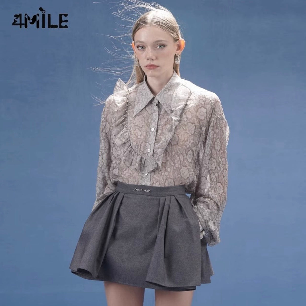 4MILE Spring/Summer New Gray Pleated Chiffon Long-Sleeved Shirt with Three-Dimensional Jacquard Ruffles