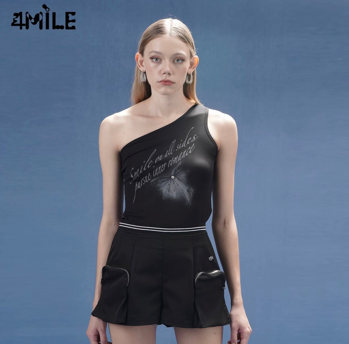 4MILE Spring/Summer New Bow and Letter Print One-Shoulder Vest, Short Slim Fit Sleeveless Top (Conceals Underarm Fat)