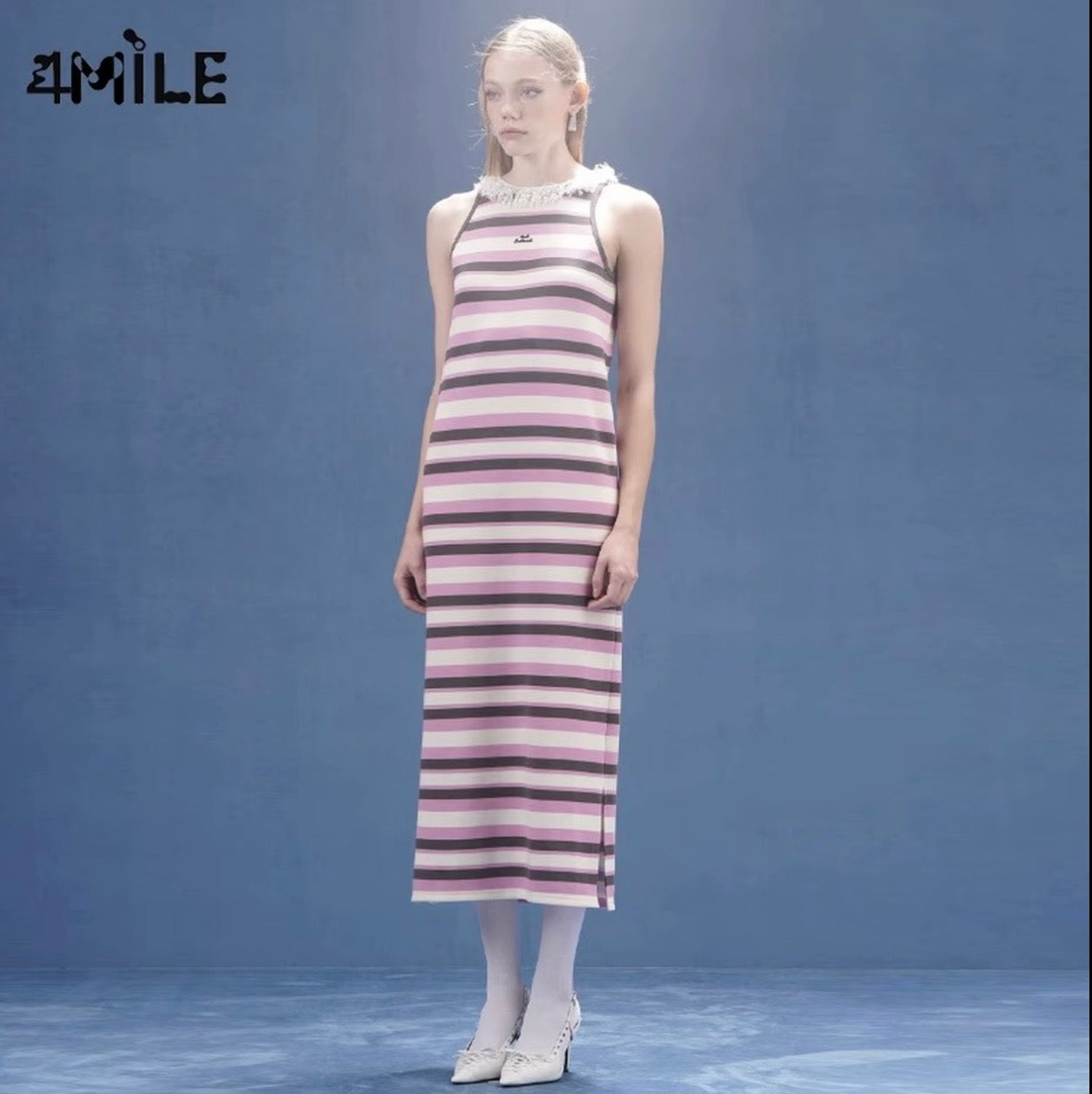 4MILE春夏新款粉条纹流苏睫毛运动长裙显瘦气质宽松无袖连衣裙