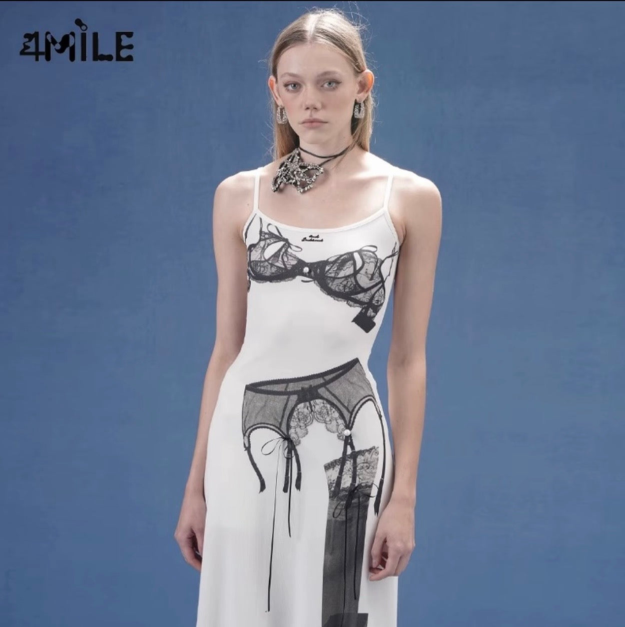 4MILE 2024 Spring/Summer New Lace Sexy Print Slim Fit Spaghetti Strap Long Dress - Stylish Design, Waist-cinching, Slimming, Hot Girl Style