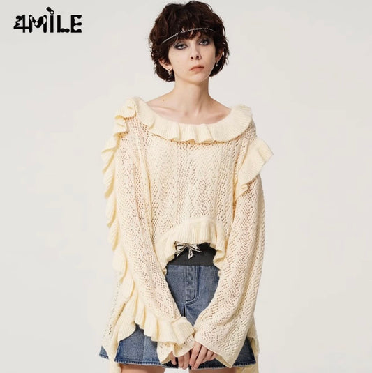 4MILE Irregular Design Ruffled Lace Trim Ribbon Pullover Mesh Hollow-Out Long-Sleeve Knit Sweater