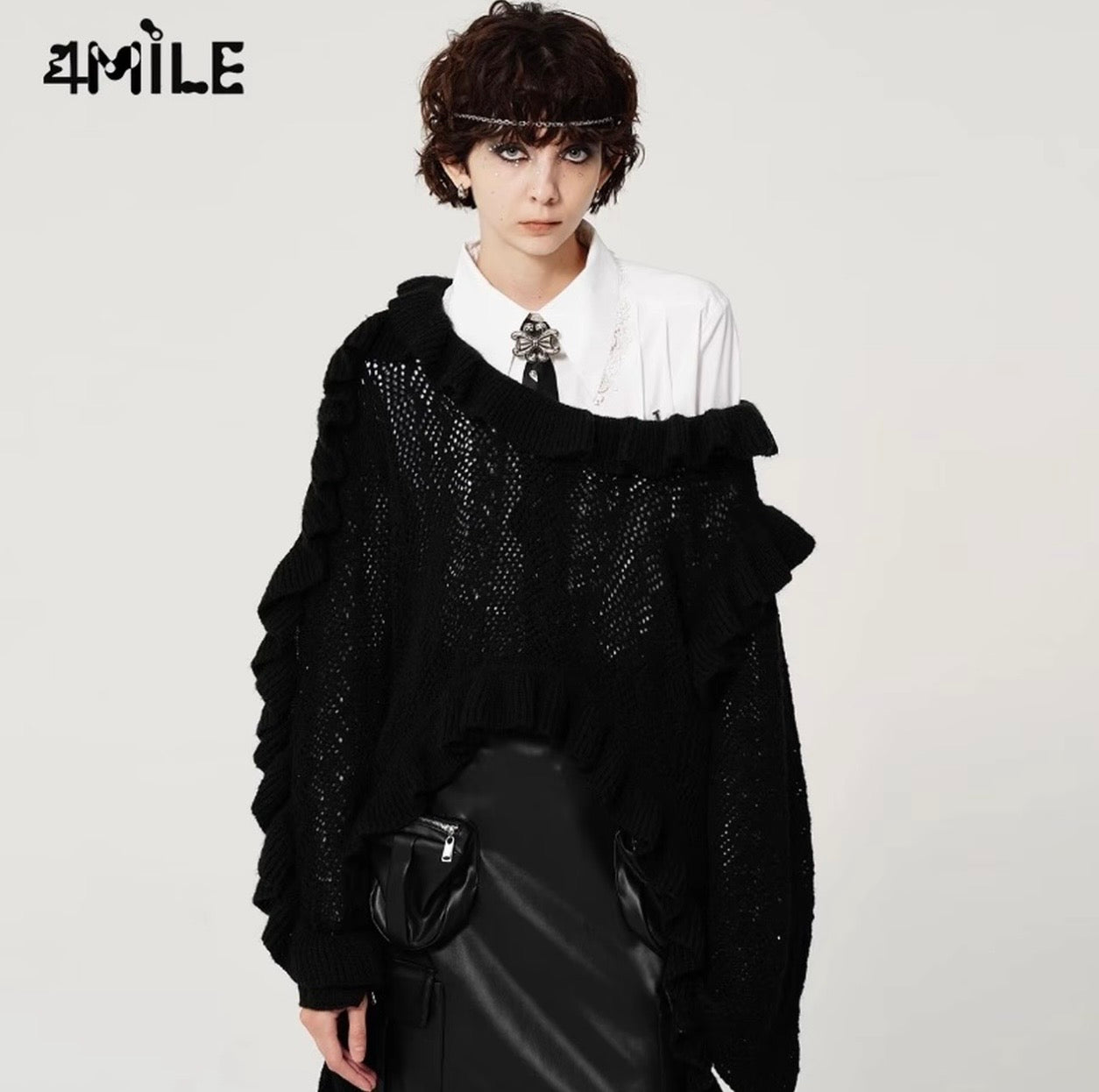 4MILE不规则设计感荷叶边抽皱花边飘带套头网眼镂空长袖针织衫