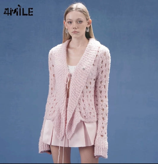 4MILE Spring/Summer New Sequined Mesh Tie-Waist Cardigan with a Slim Fit and Stylish Knitwear