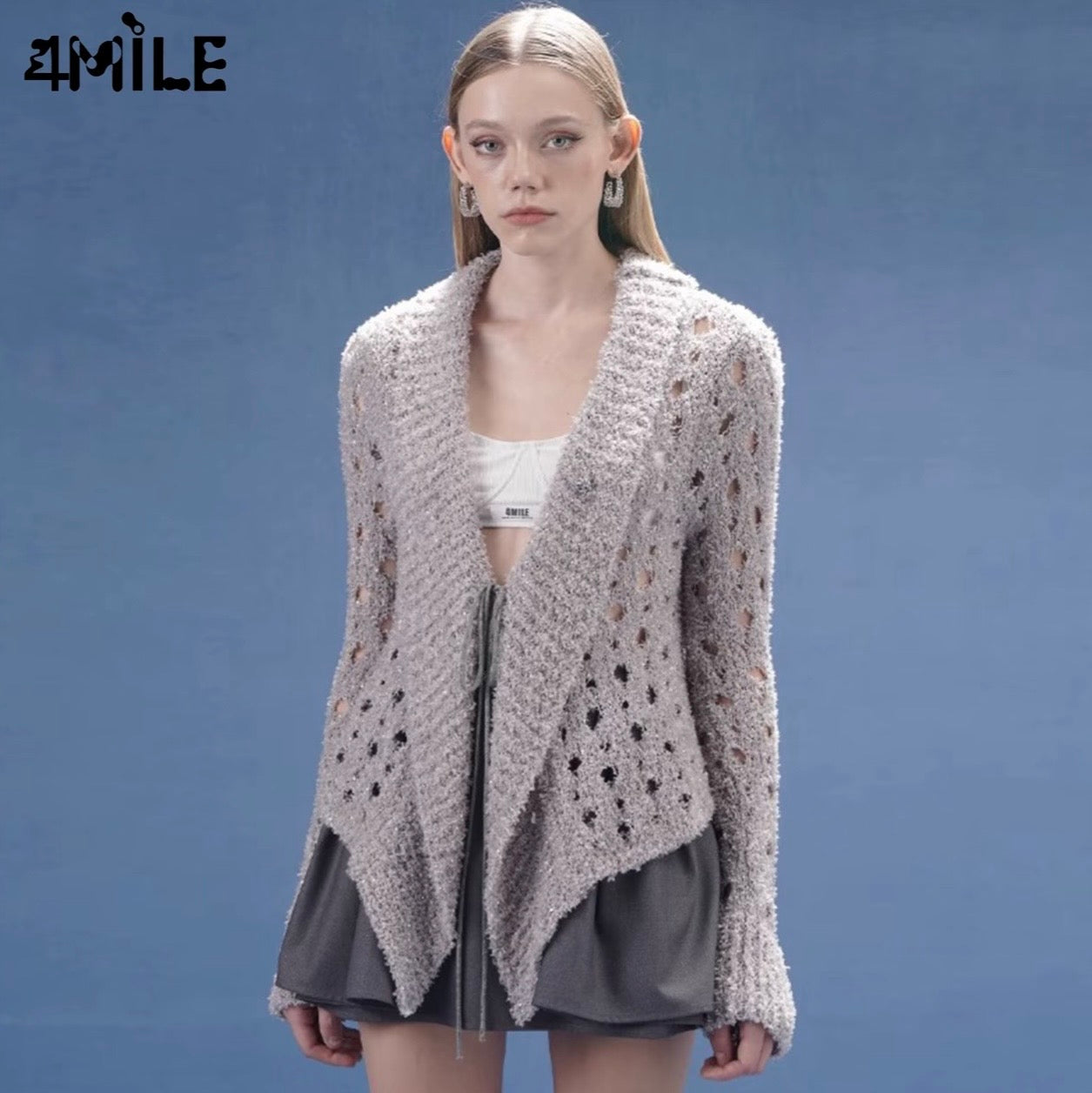 4MILE春夏新款珠片大网眼系带开衫收腰气质设计感时尚针织外套