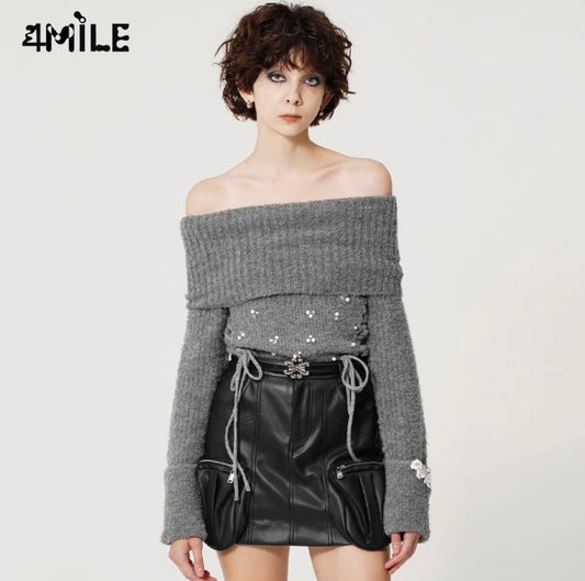 4MILE Autumn/Winter High-Neck Hand-Beaded Tie-Waist Sweater: Comfortable, Skin-Friendly, Warm, Two-Way, Relaxed Style