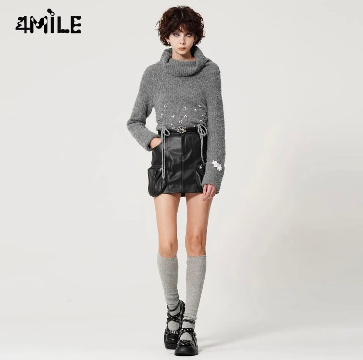 4MILE秋冬高领手工钉珠系带毛衫舒适贴肤保暖毛衣两穿慵懒风