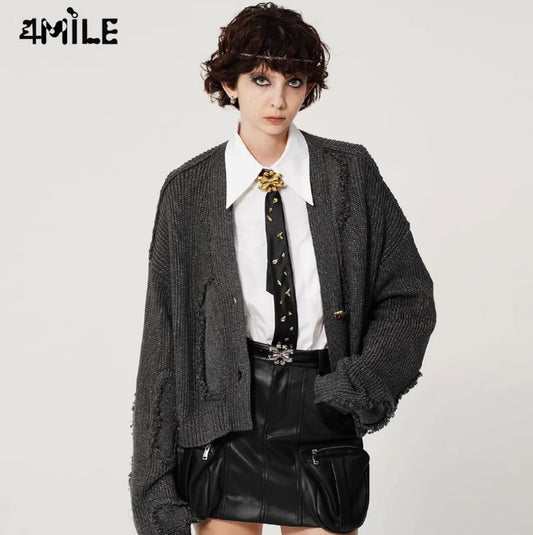 4MILE Glittering Dark Gray Disruptive Knit Cardigan: Chic, Loose, and Relaxed Designer Sweater Coat