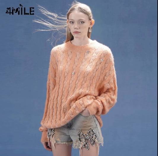 4MILE【张真源同款】甜美珠花装饰圆领套头毛衫宽松镂空毛衣针织衫