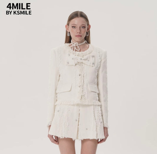 4MILE BY KSMILE | Detachable Bow-Tie Rhinestone Short Jacket, Elegant Chanel Style, Perfect for Overseas-Educated Heiresses