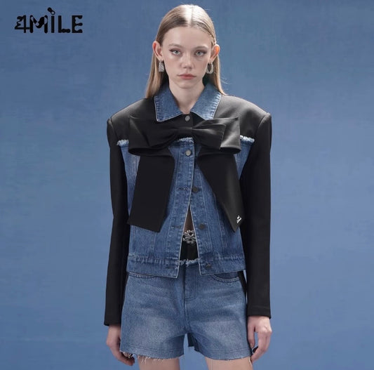 4MILE Spring/Summer New Blue Bow-Design Denim Color-Blocked Jacket/Outerwear