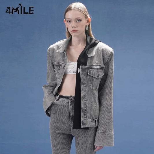 4MILE Washed Grey Denim Jacket with Metallic Logo and Bow Tie - A Retro-Style Niche Jacket Top