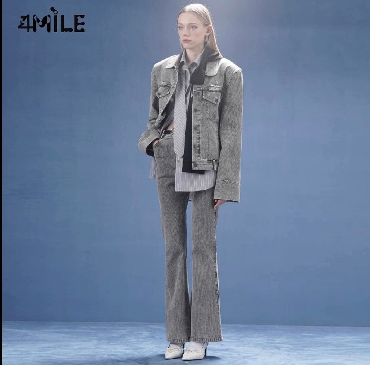 4MILE水洗灰色金属标蝴蝶结飘带牛仔外套复古设计感小众夹克上衣