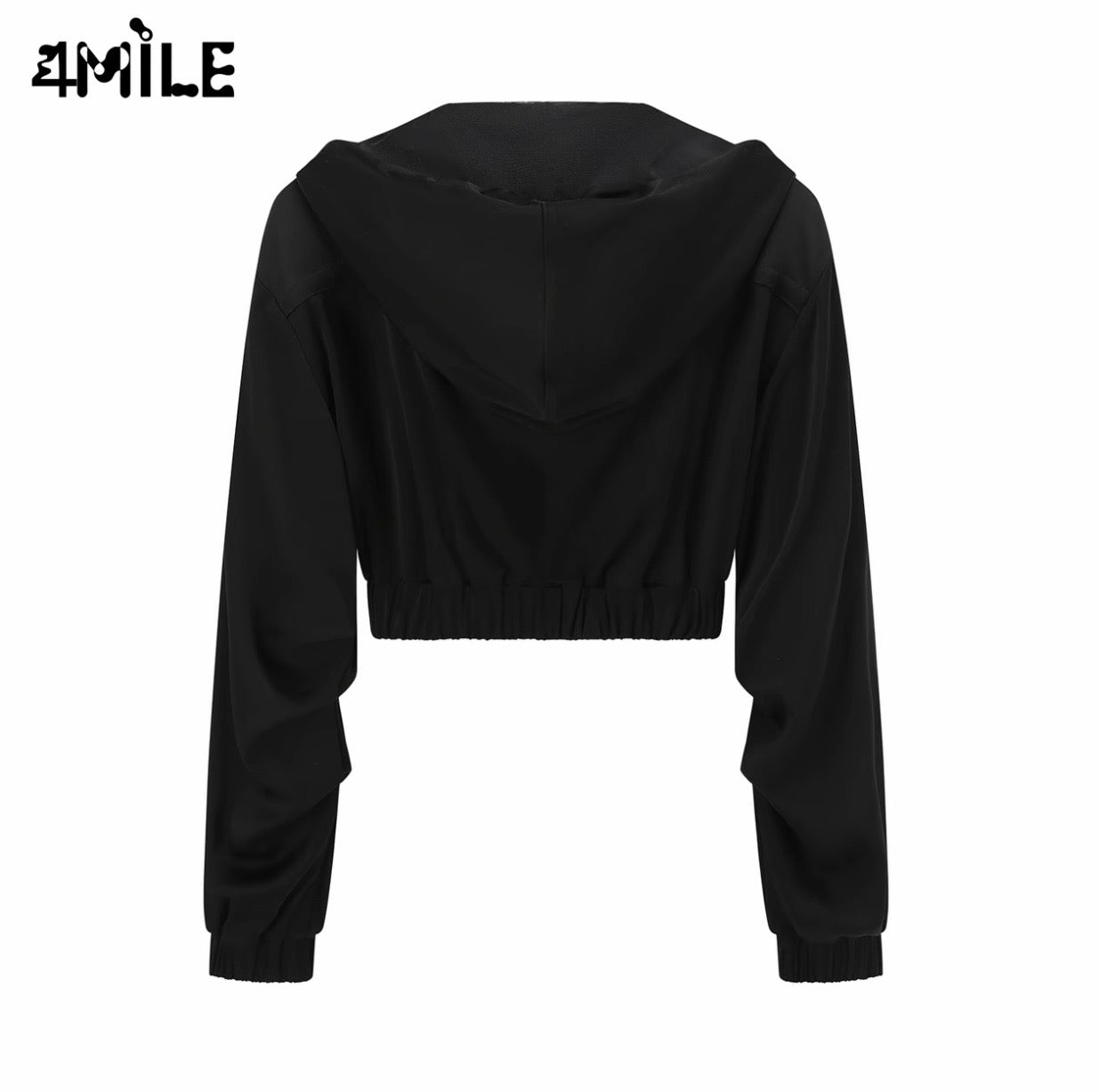 4MILE春夏新款黑色后背镂空连帽上衣螺纹下摆休闲短款长袖女外套