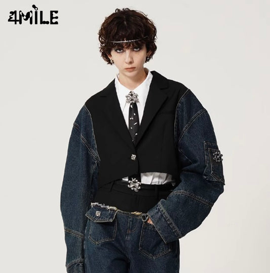 4MILE Autumn Trendy Design Niche Denim Patchwork Blazer Retro Color Block Short Top