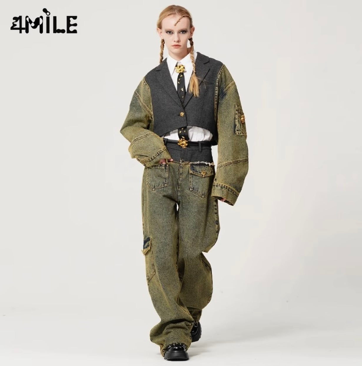 4MILE秋季潮流设计感小众牛仔拼接西服外套复古撞色短款上衣