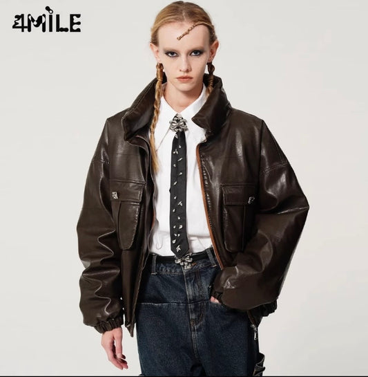 4MILE Retro 3D Double Pocket Disruptive Leather Jacket Down Jacket Maillard Leather Coat