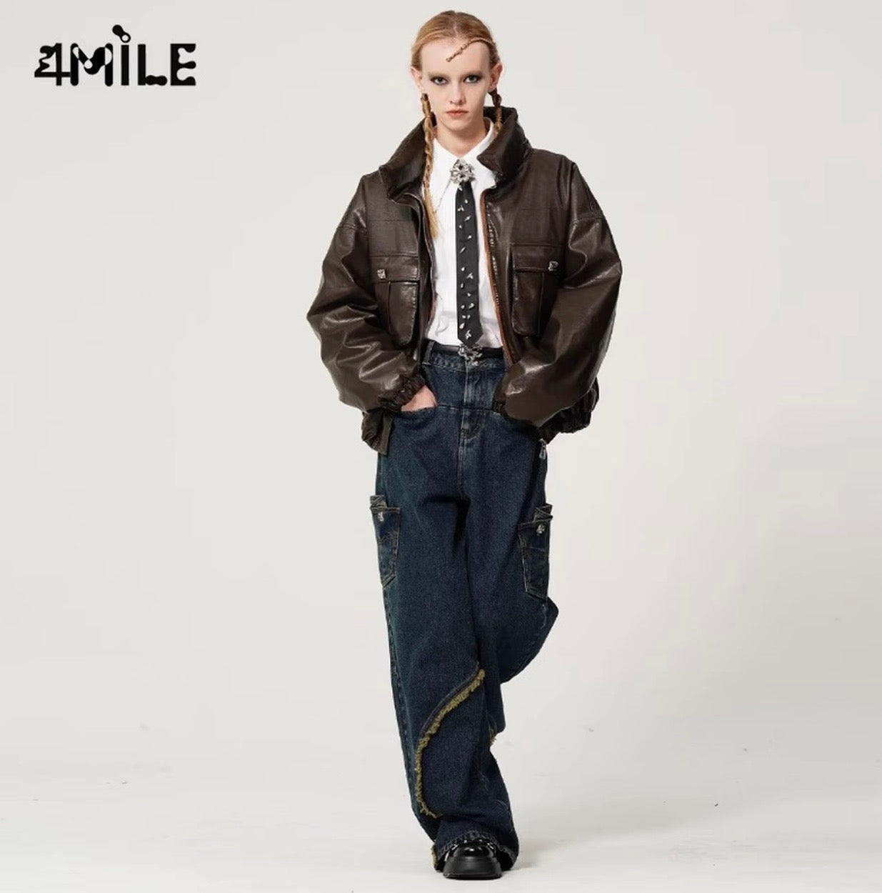 4MILE复古立体双口袋破坏主义皮革夹克羽绒服美拉德皮衣外套