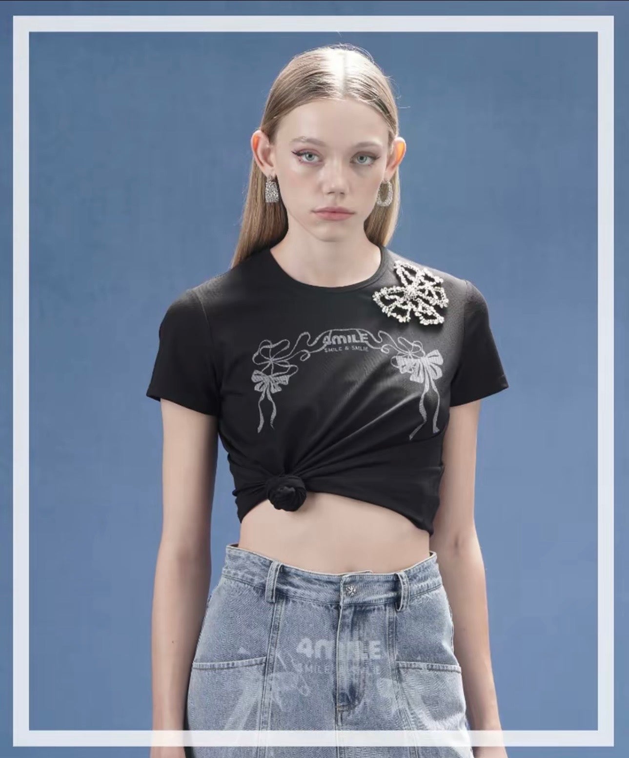 4MILE Spring/Summer New Arrival Black Round Neck Hand-stitched Rhinestone Bow Logo Print T-Shirt Short Slim Fit Short Sleeve