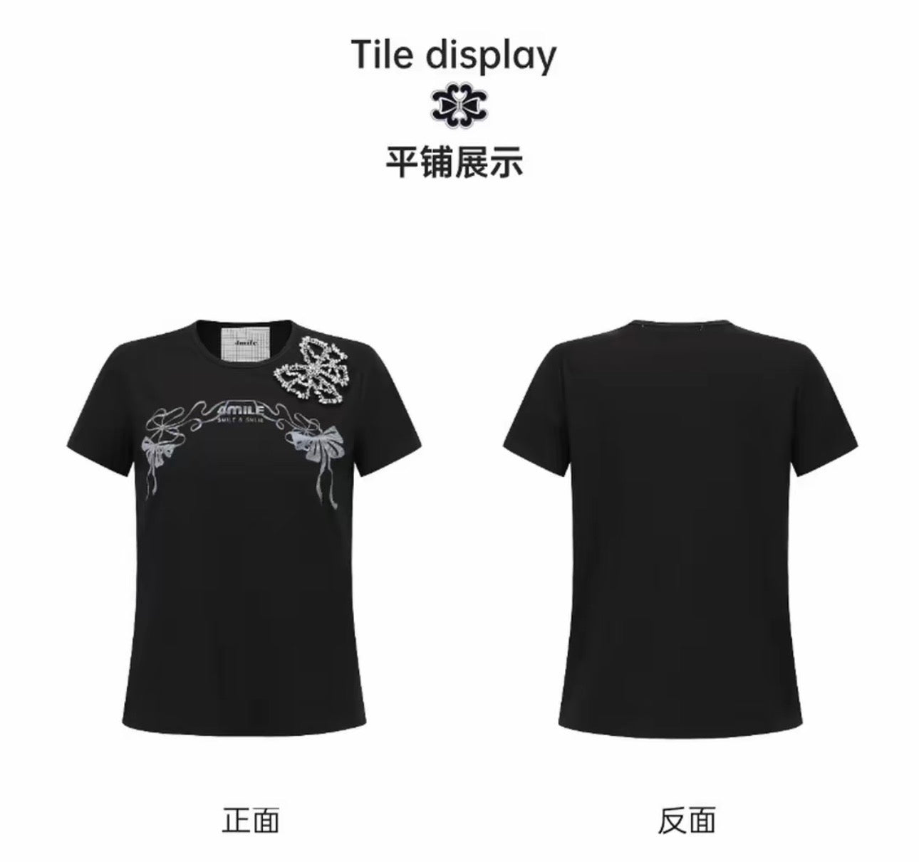 4MILE Spring/Summer New Arrival Black Round Neck Hand-stitched Rhinestone Bow Logo Print T-Shirt Short Slim Fit Short Sleeve