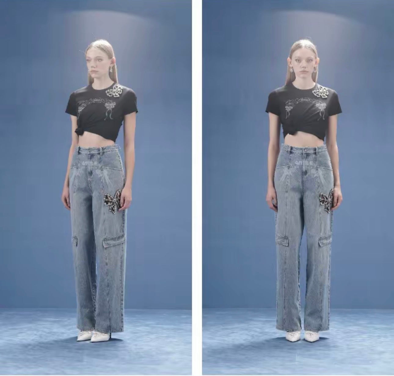 4MILE Spring/Summer New Arrival Black Round Neck Hand-stitched Rhinestone Bow Logo Print T-Shirt Short Slim Fit Short Sleeve