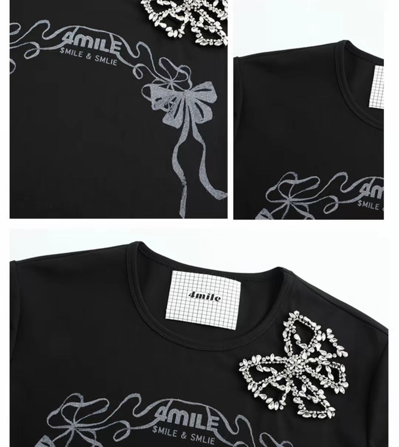 4MILE Spring/Summer New Arrival Black Round Neck Hand-stitched Rhinestone Bow Logo Print T-Shirt Short Slim Fit Short Sleeve