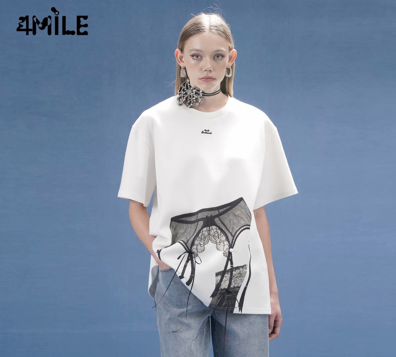 4MILE Spring/Summer New Designer Style Lace Print Textured Heavyweight T-Shirt, Loose Fit, Slimming Short Sleeve