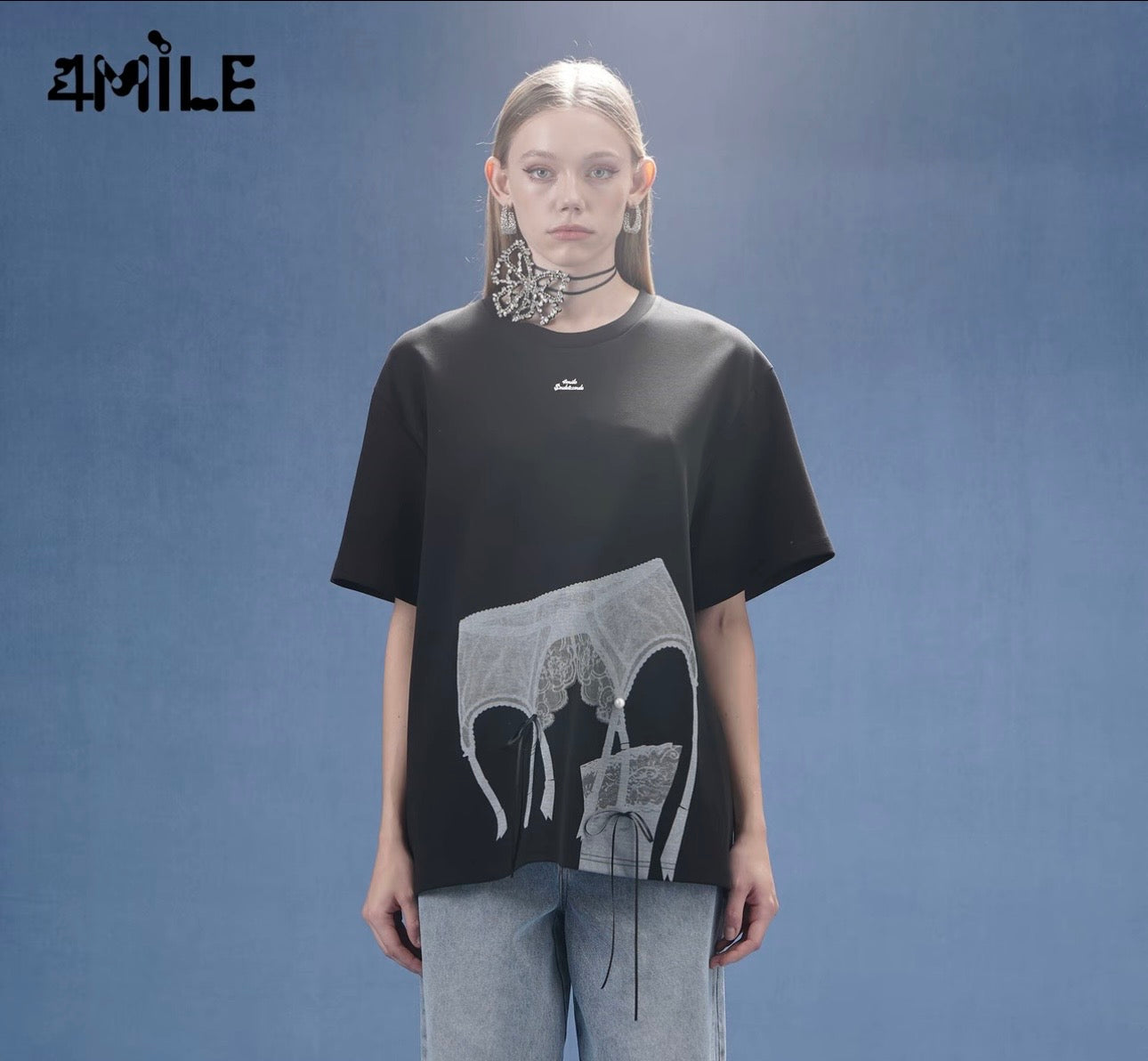 4MILE Spring/Summer New Designer Style Lace Print Textured Heavyweight T-Shirt, Loose Fit, Slimming Short Sleeve