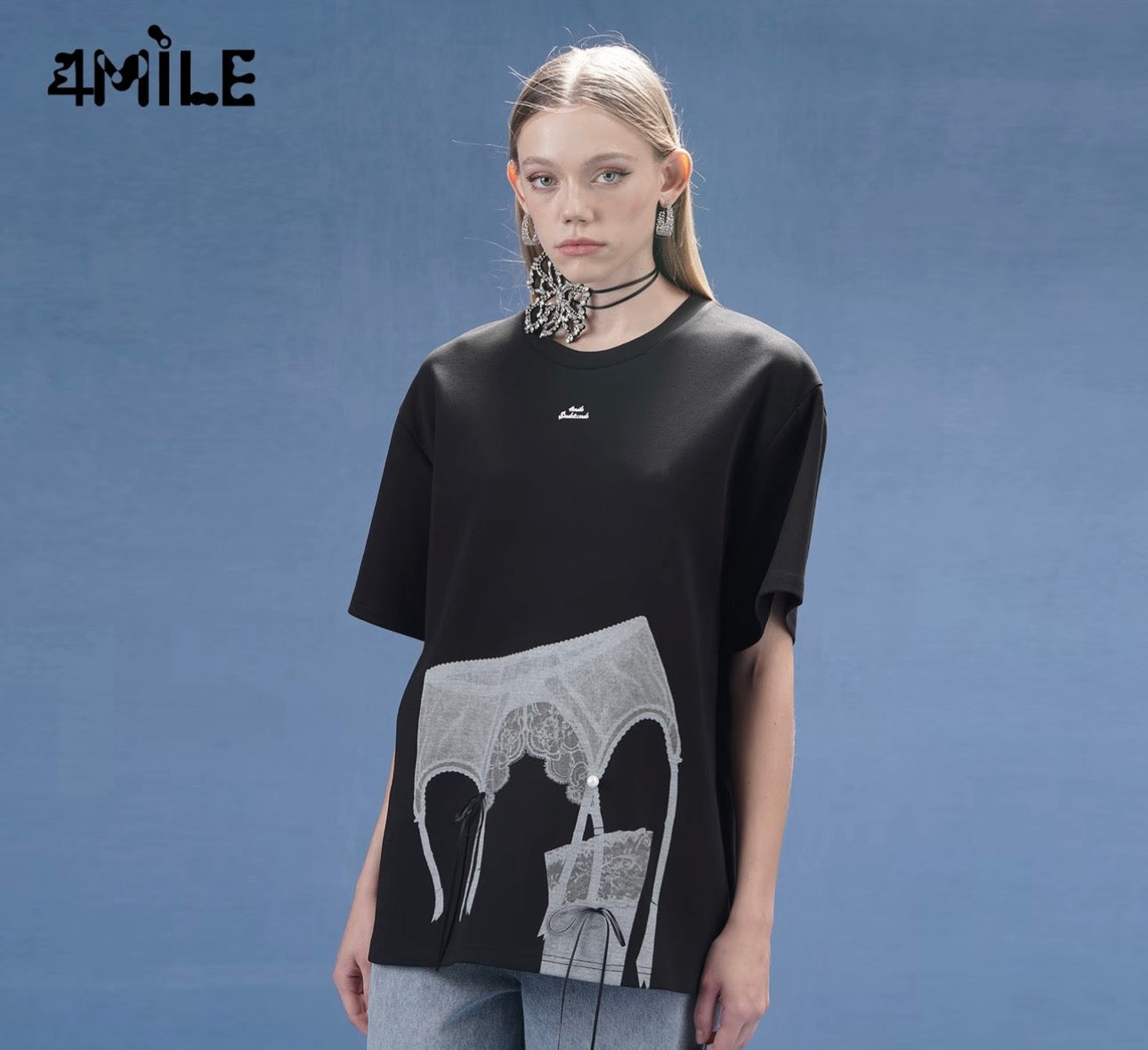 4MILE Spring/Summer New Designer Style Lace Print Textured Heavyweight T-Shirt, Loose Fit, Slimming Short Sleeve