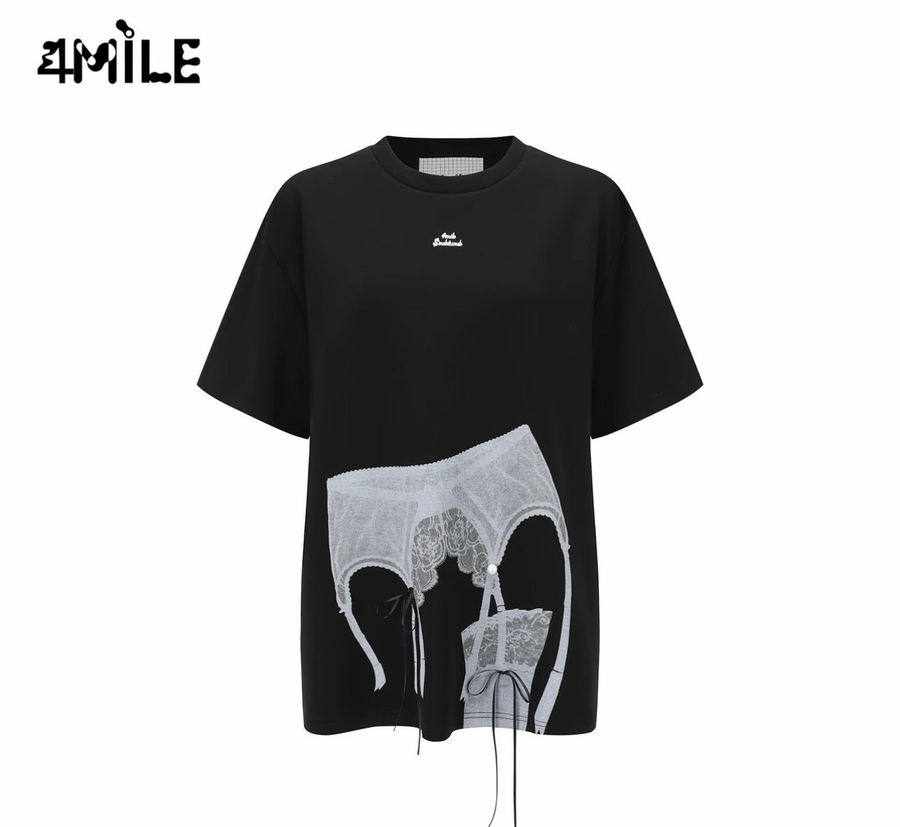 4MILE Spring/Summer New Designer Style Lace Print Textured Heavyweight T-Shirt, Loose Fit, Slimming Short Sleeve