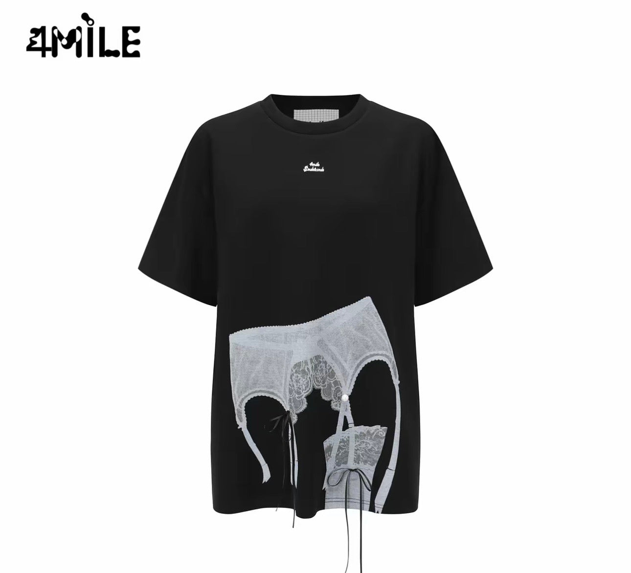 4MILE Spring/Summer New Designer Style Lace Print Textured Heavyweight T-Shirt, Loose Fit, Slimming Short Sleeve