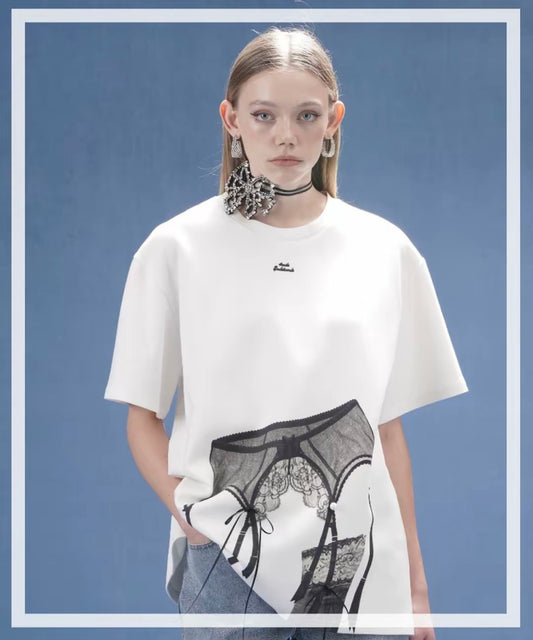 4MILE Spring/Summer New Designer Style Lace Print Textured Heavyweight T-Shirt, Loose Fit, Slimming Short Sleeve