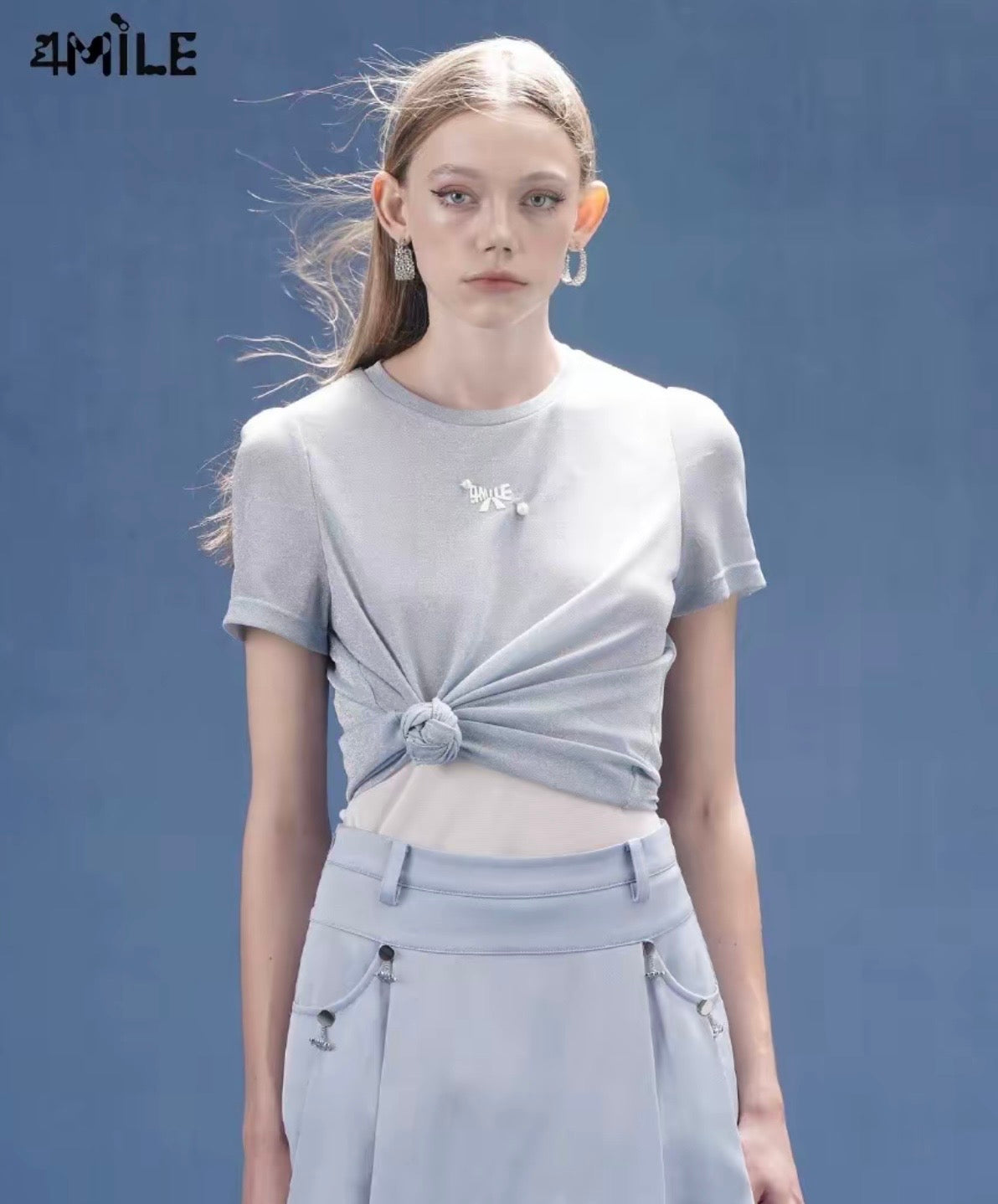 4MILE Spring/Summer New Design: Beaded Bow Tie with Sparkling Silver Thread Double-Layer Round Neck T-Shirt, Sweet Short Sleeve