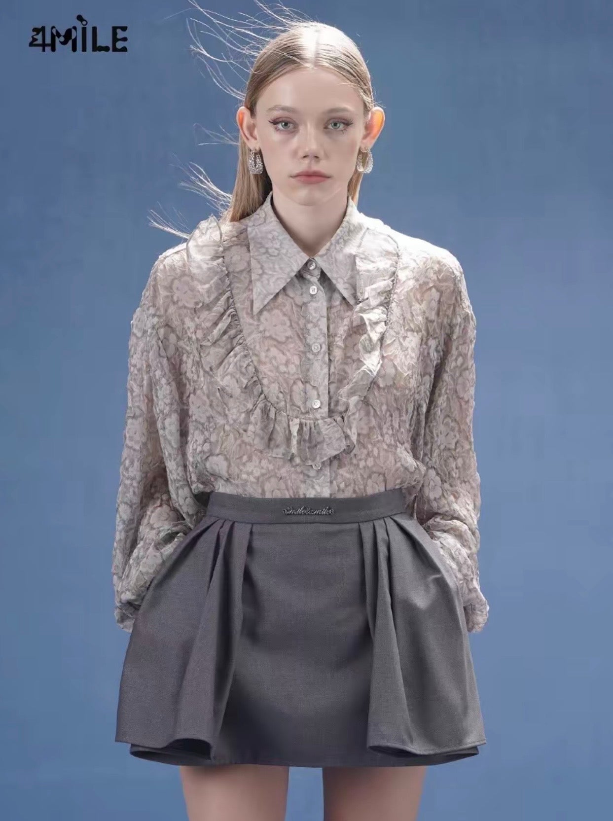 4MILE Spring/Summer New Gray Pleated Chiffon Long-Sleeved Shirt with Three-Dimensional Jacquard Ruffles