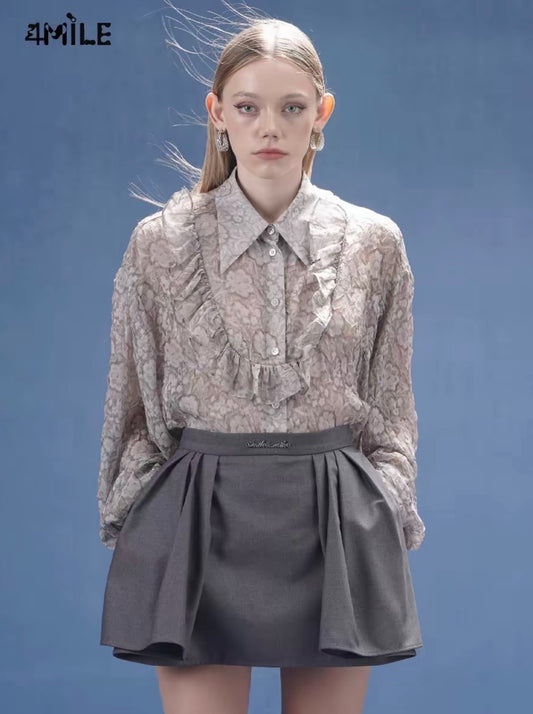 4MILE Spring/Summer New Gray Pleated Chiffon Long-Sleeved Shirt with Three-Dimensional Jacquard Ruffles