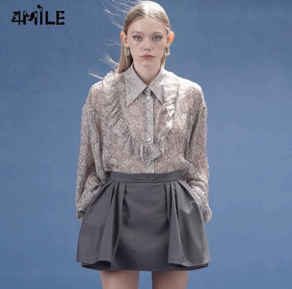 4MILE Spring/Summer New Gray Pleated Chiffon Long-Sleeved Shirt with Three-Dimensional Jacquard Ruffles