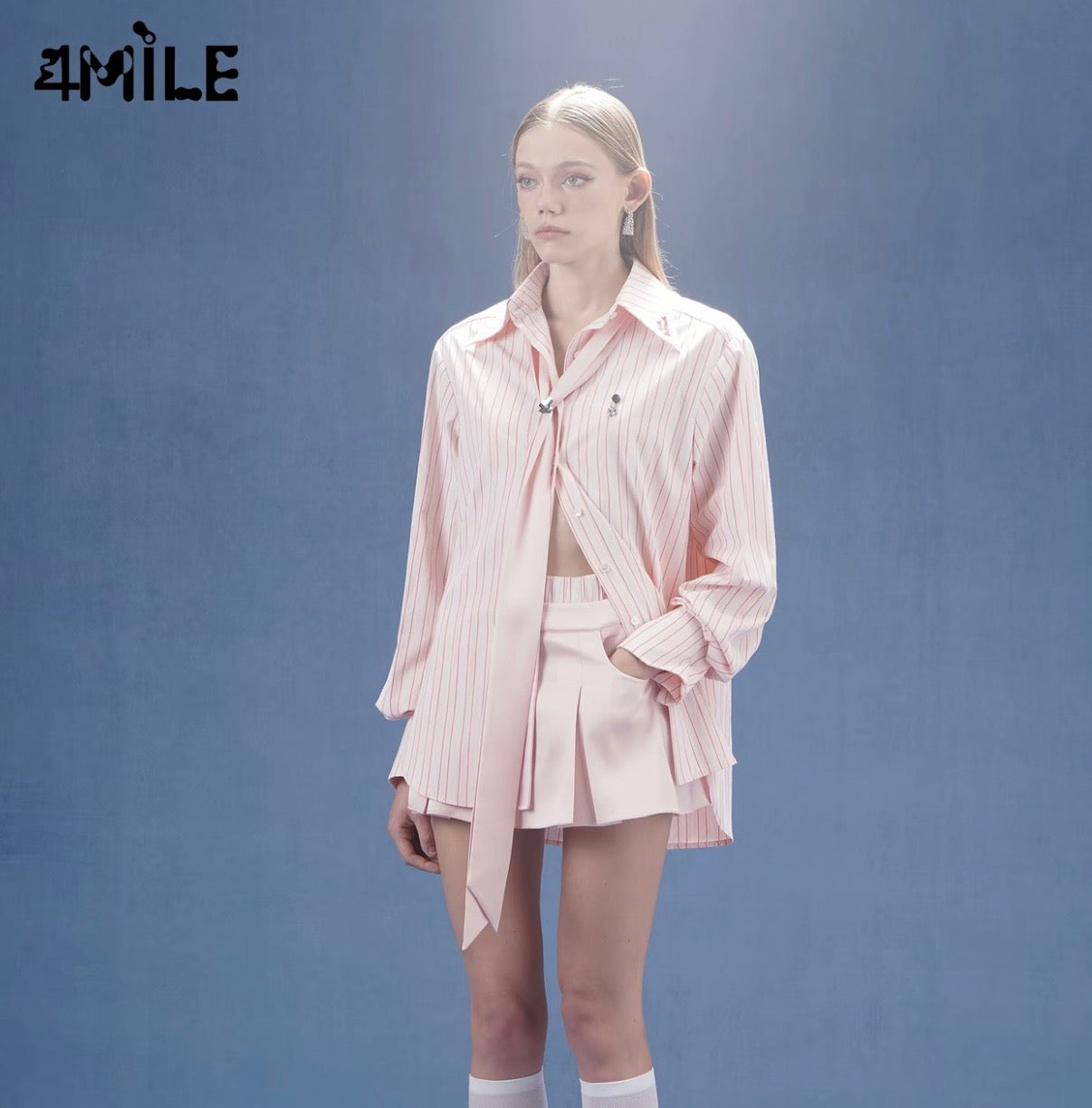 4MILE Spring/Summer New Arrival Striped Shirt with Flowing Ribbons, Back Slit, Long Sleeve, Unique and Distinctive Style