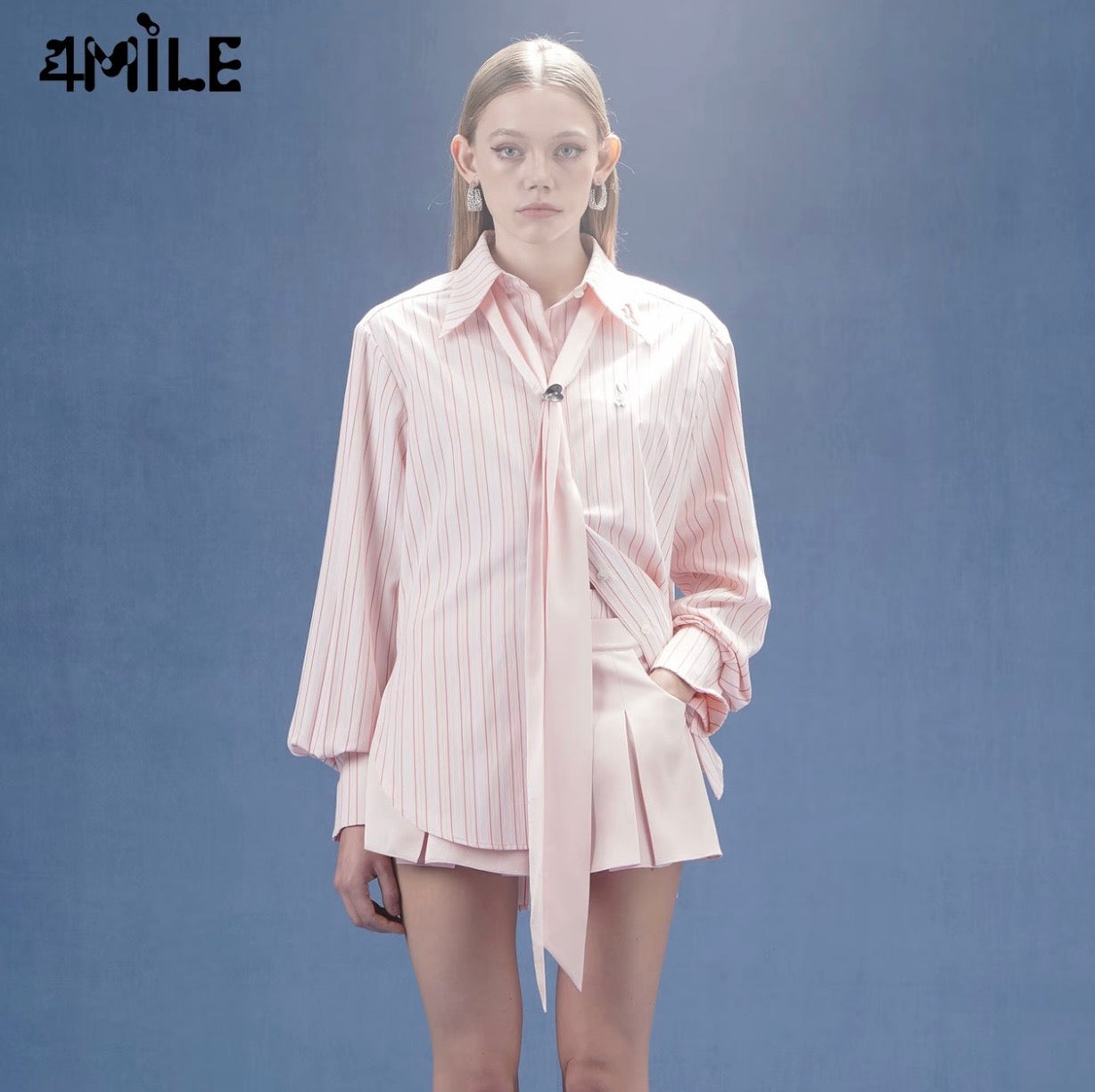 4MILE Spring/Summer New Arrival Striped Shirt with Flowing Ribbons, Back Slit, Long Sleeve, Unique and Distinctive Style