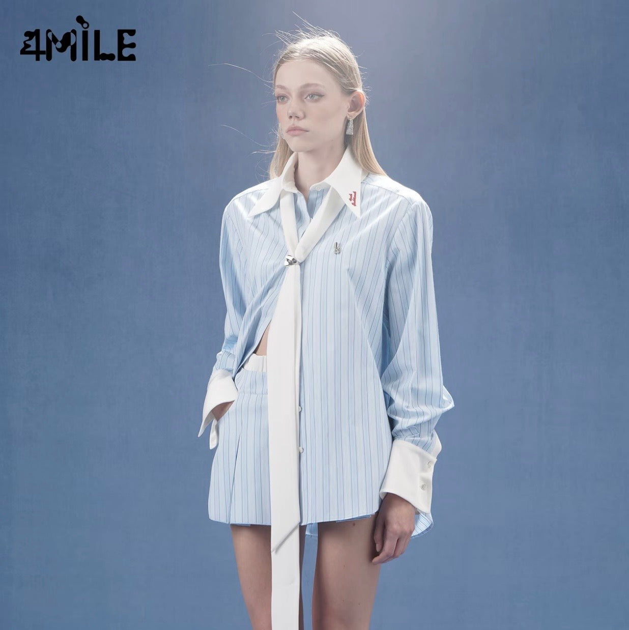 4MILE Spring/Summer New Arrival Striped Shirt with Flowing Ribbons, Back Slit, Long Sleeve, Unique and Distinctive Style