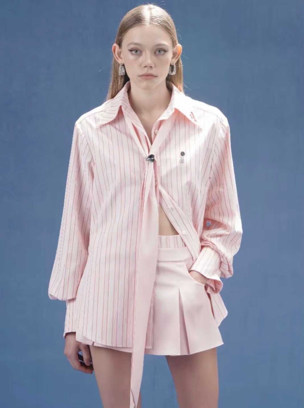 4MILE Spring/Summer New Arrival Striped Shirt with Flowing Ribbons, Back Slit, Long Sleeve, Unique and Distinctive Style