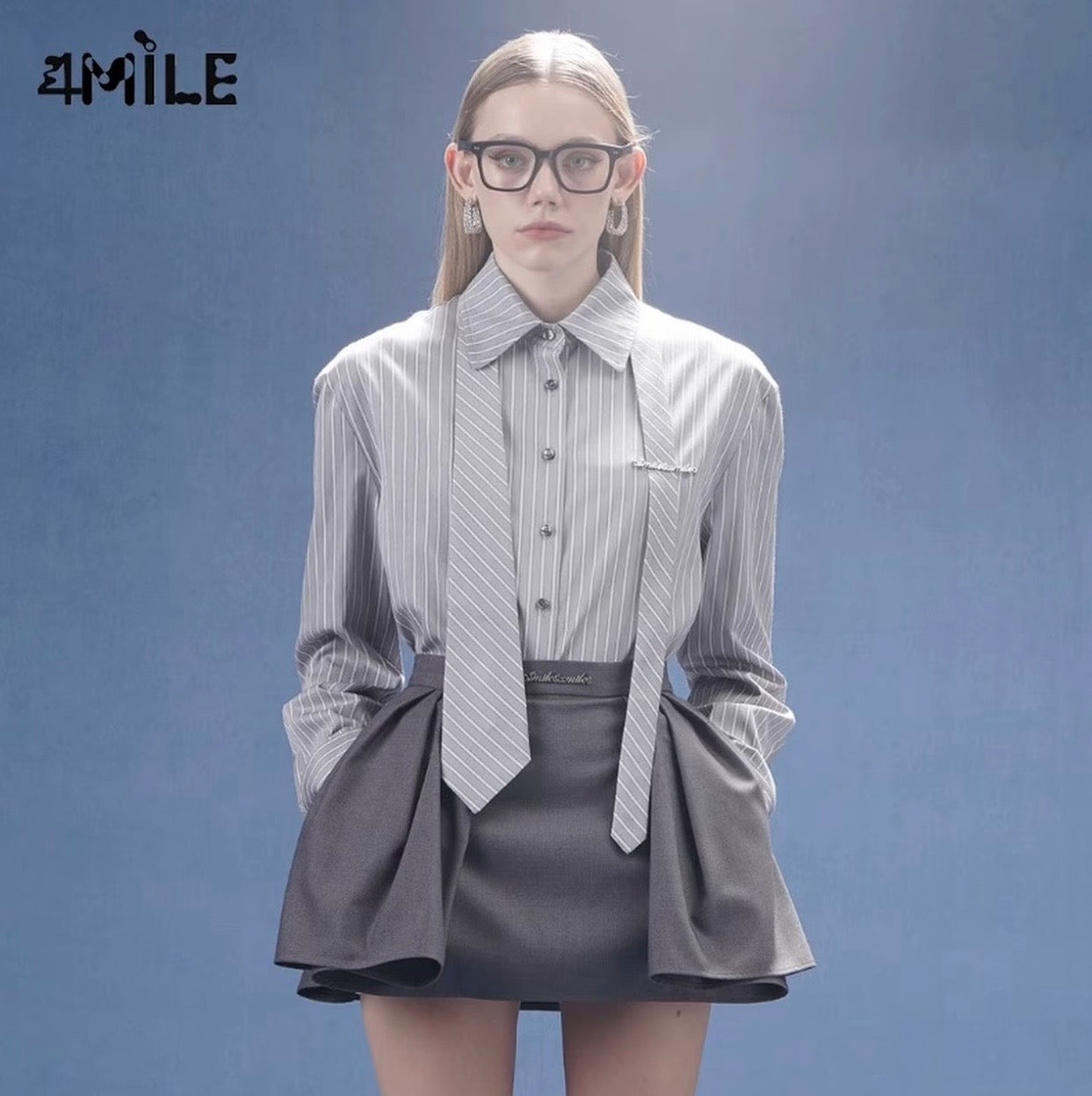 4MILE【IU原版】春夏新款时尚条纹金属标领带衬衫学院知识分子风