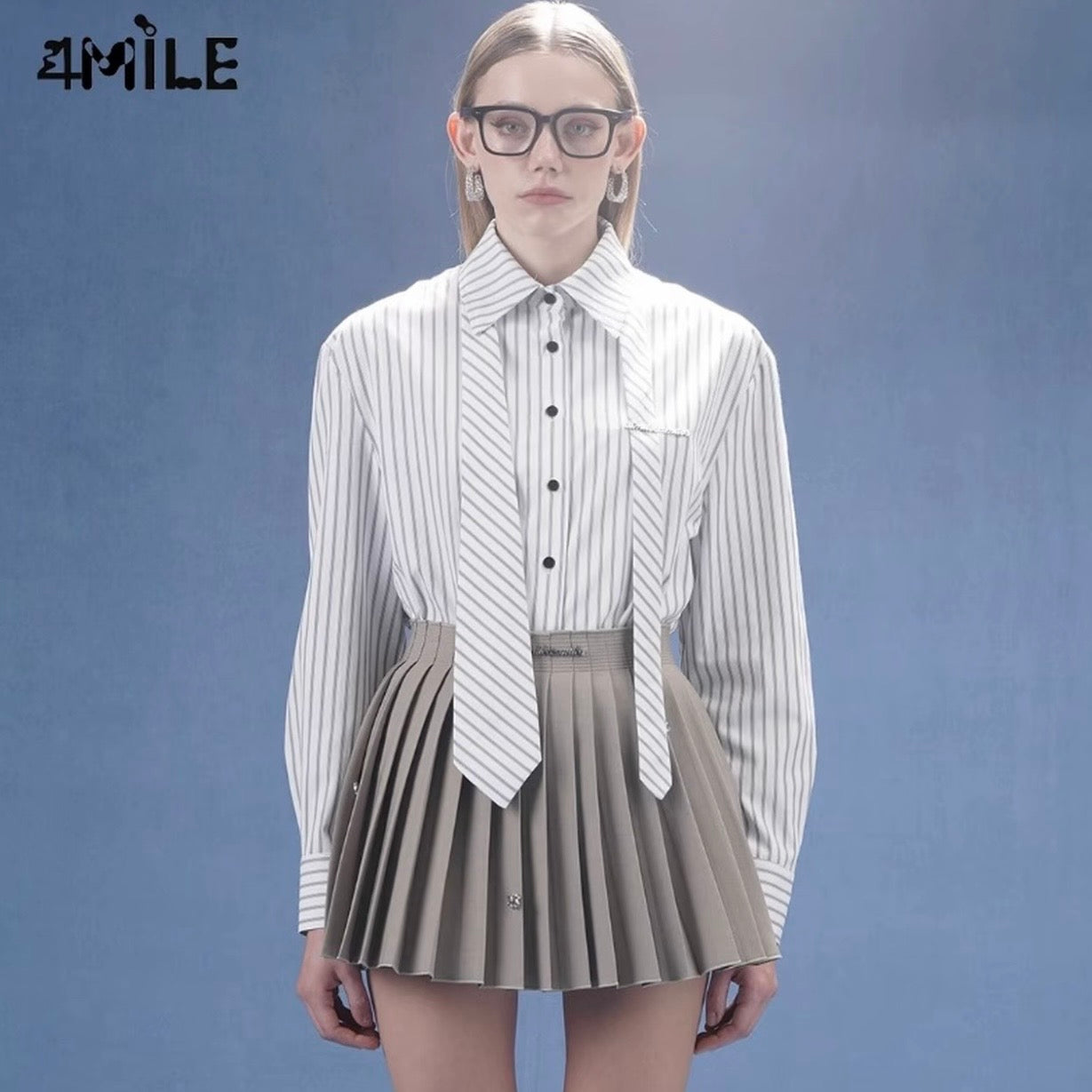 4MILE【IU原版】春夏新款时尚条纹金属标领带衬衫学院知识分子风