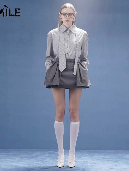 4MILE [IU Original] Spring/Summer New Fashion Striped Metal Label Tie Shirt College Intellectual Style