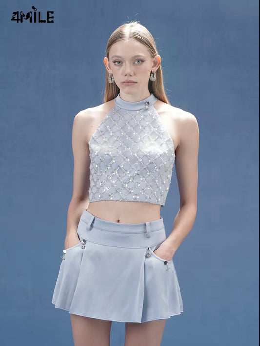 4MILE Spring/Summer New Design Slim Fit Sequined Halter Neck Vest, Unique and Exquisite Little Camisole Top, Sweet and Spicy