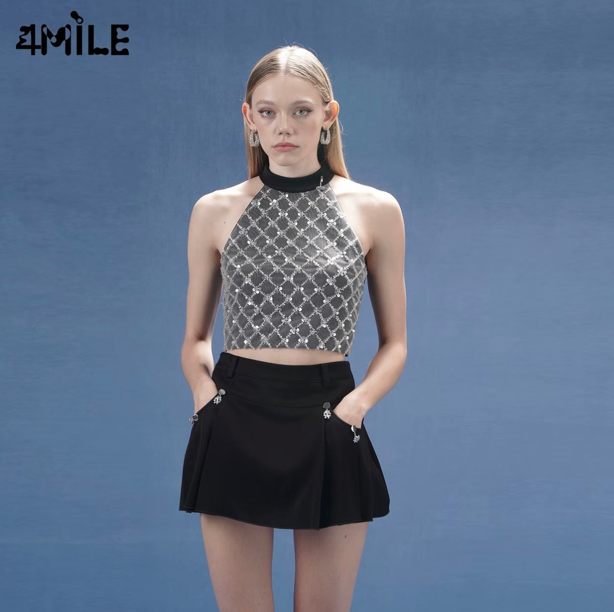 4MILE春夏新款设计感修身珠片挂脖背心独特精致小吊带上衣甜辣