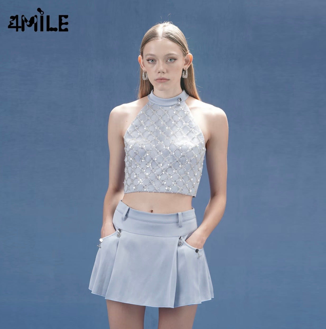 4MILE春夏新款设计感修身珠片挂脖背心独特精致小吊带上衣甜辣