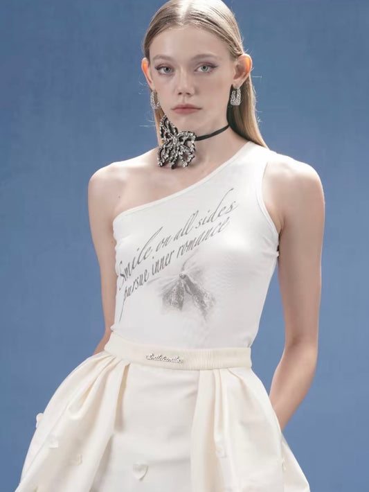 4MILE Spring/Summer New Bow and Letter Print One-Shoulder Vest, Short Slim Fit Sleeveless Top (Conceals Underarm Fat)