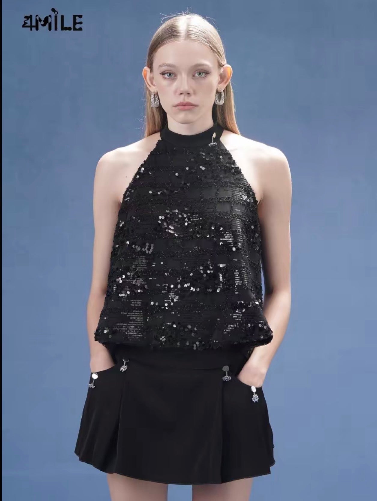 4MILE [Zhang Yuxi Original] French Style Black Sequined Sleeveless Top with Large Round Hem, Elegant Halter Neck Vest