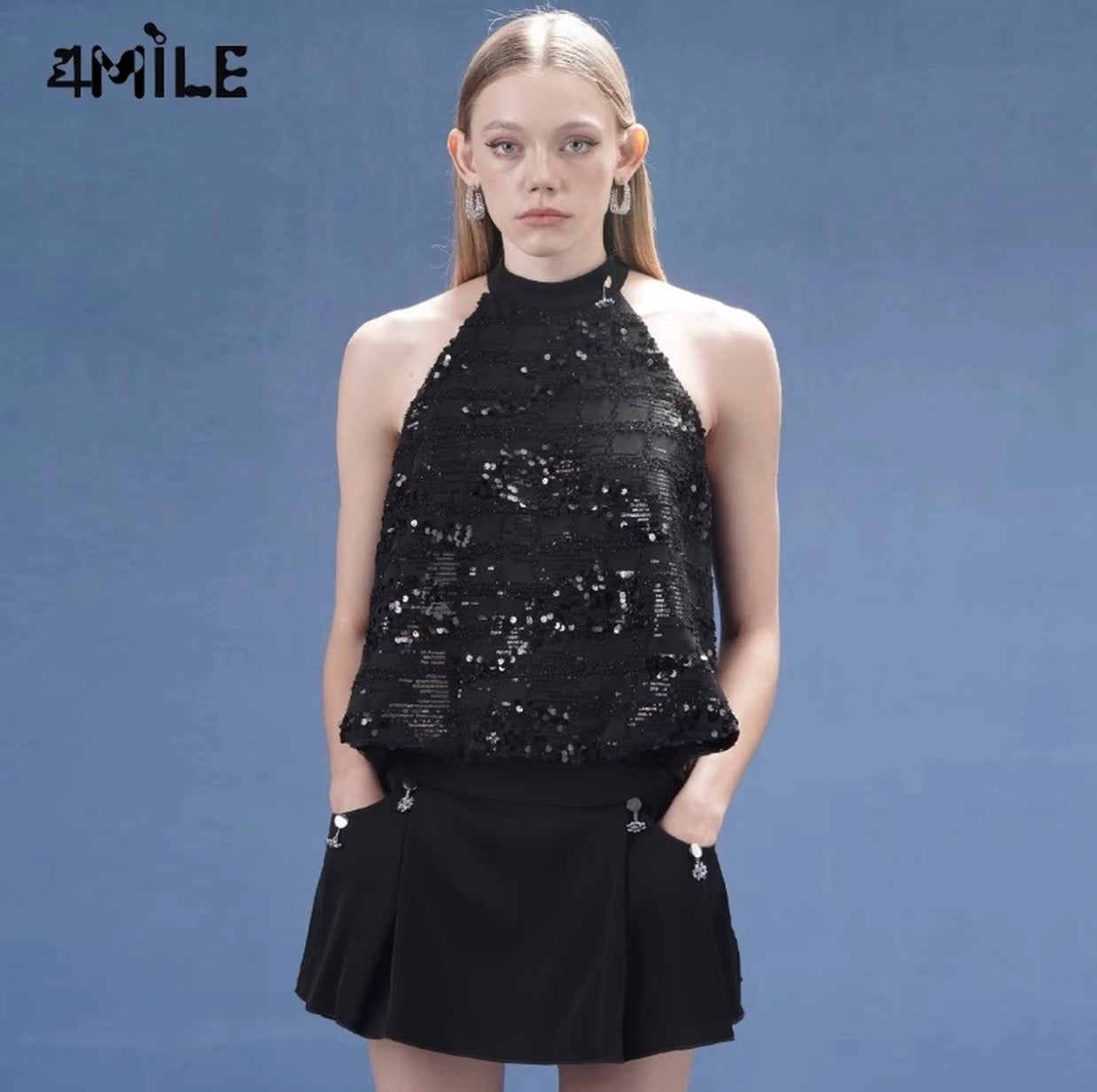 4MILE [Zhang Yuxi Original] French Style Black Sequined Sleeveless Top with Large Round Hem, Elegant Halter Neck Vest