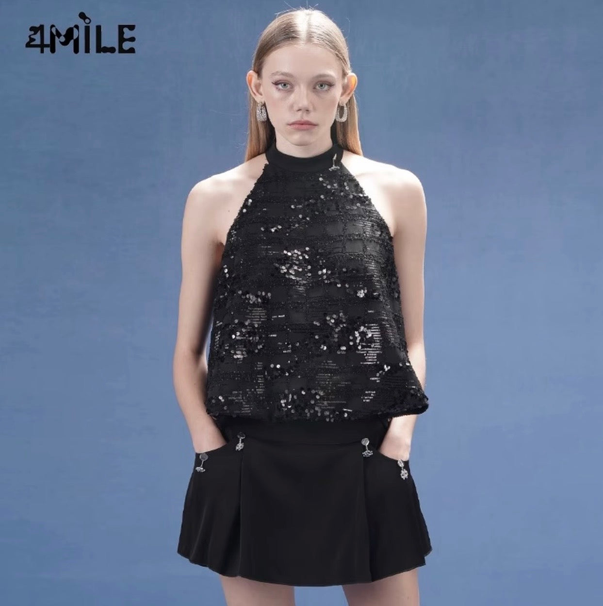 4MILE [Zhang Yuxi Original] French Style Black Sequined Sleeveless Top with Large Round Hem, Elegant Halter Neck Vest